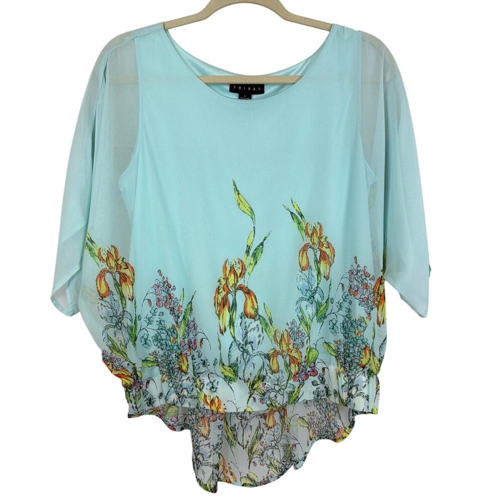 NWT Tribal Turquoise Floral Sheer Overlay High Low Flowy Sleeve Blouse Top Small